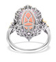 back view of pink opal and sapphire halo ring in 18k yellow gold and rhodium over sterling silver
