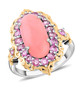 pink opal and sapphire halo ring in 18k yellow gold and rhodium over sterling silver