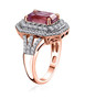 kunzite and moissanite double halo ring in 18k rose gold over sterling silver shown for size comparison