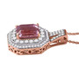 side view of kunzite and moissanite double halo pendant necklace in 18k rose gold over sterling silver