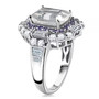 side view of petalite tanzanite and white topaz double halo ring in rhodium over sterling silver