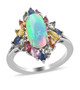 ethiopian opal and multi color sapphire halo ring in rhodium over sterling silver