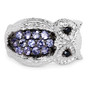 front view of tanzanite and black spinel owl ring in rhodium over sterling silver