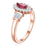side view of pink sapphire and white zircon marquise halo ring in 18k rose gold over sterling silver