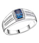 blue and white moissanite gents ring in rhodium over sterling silver