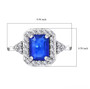 blue spinel and white zircon halo ring in rhodium over sterling silver shown for size comparison