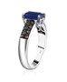 side view of blue spinel brown zircon and white zircon ring in black and white rhodium over sterling silver