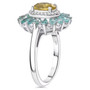 side view of yellow apatite blue apatite and white zircon halo ring in rhodium over sterling silver