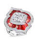 full view of moissanite and green enamel ring in rhodium over sterling silver