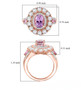 kunzite pink sapphire and moissanite halo ring in 18k rose gold over sterling silver shown for size comparison