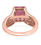 back view of pink and white moissanite and pink sapphire bridge ring in 18k rose gold over sterling silver