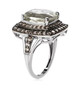side view of prasiolite and brown zircon halo ring in rhodium over sterling silver
