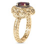 side view of rhodolite garnet and champagne diamond halo flower openwork 10k yellow gold