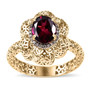 front view of rhodolite garnet and champagne diamond halo flower openwork 10k yellow gold