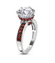 side view of moissanite and ruby ring in black and white rhodium over sterling silver