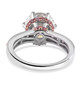 back view of moissanite and pink sapphire ring in 18k rose gold and rhodium over sterling silver