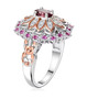 side view of rhodolite garnet pink sapphire and zircon ring in 18k rose gold and rhodium over sterling silver