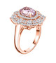 side view of kunzite and moissanite ring in 18k rose gold over sterling silver