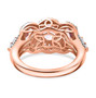 back view of pink spinel and white zircon trilogy halo ring in 18k rose gold over sterling silver