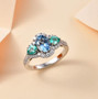 santa maria aquamarine emerald and diamond ring in solid 950 platinum shown in a lifestyle photo