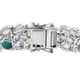 close up of larimar moonstone blue topaz and zircon cluster tennis bracelet in rhodium over sterling silver