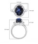 star sapphire and moissanite halo moon and star ring in rhodium over sterling silver shown for size comparison