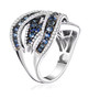 side view of blue sapphire and moissanite crossover ring in rhodium over sterling silver