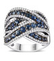 blue sapphire and moissanite crossover ring in rhodium over sterling silver