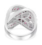 back view of rubellite tourmaline and moissanite crossover ring in rhodium over sterling silver