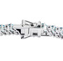 clasp detail of blue apatite and white zircon tennis bracelet in rhodium over sterling silver