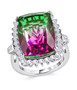 watermelon quartz triplet and white zircon halo ring in rhodium over sterling silver