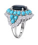 side view of london blue topaz turquoise and moissanite ring in rhodium over sterling silver