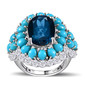 london blue topaz turquoise and moissanite ring in rhodium over sterling silver