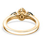 back view of indicolite tourmaline and moissanite three stone ring in 18k yellow gold over sterling silver