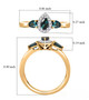 indicolite tourmaline and moissanite three stone ring in 18k yellow gold over sterling silver shown for size comparison