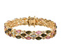 full view of multi color tourmaline and white zircon triple row tennis bracelet in rhodium over sterling silver