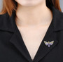 garnet or citrine and amethyst butterfly brooch in rhodium over sterling silver shown being worn