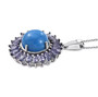 side view of ceruleite tanzanite and zircon halo pendant necklace in rhodium over sterling silver