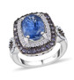 kyanite iolite and moissanite halo ring in rhodium over sterling silver