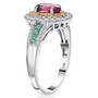 side view of rubellite tourmaline emerald yellow and white diamond halo ring in solid 14k white gold