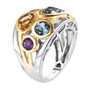 side view of multi gemstone bezel set two-tone wide band ring in 18k yellow gold and rhodium over sterling silver