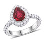 pear ruby and white diamond halo ring in 950 platinum
