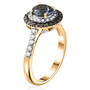 side view of aquamarine champagne and white diamond round double halo solid 14k yellow gold ring