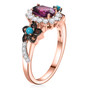 side view of purple garnet turquoise and brown and white zircon flower ring in 18k rose gold over sterling silver