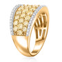 side view of yellow and white diamond cluster wide band ring in 18k yellow gold over sterling silver