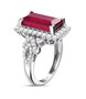 side view of baguette ruby (ff) and round white zircon halo ring in rhodium over sterling silver