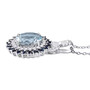 side view of aquamarine blue sapphire and zircon double halo pendant necklace in rhodium over sterling silver