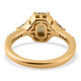 full view of golden tanzanite and moissanite emerald cut halo ring in 18k yellow gold over sterling silver