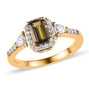 golden tanzanite and moissanite emerald cut halo ring in 18k yellow gold over sterling silver