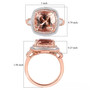 morganite pink white diamond cushion halo ring in 14k rose gold front scale